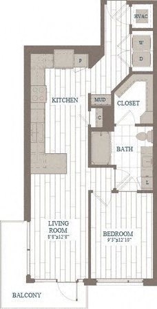 Floor plan for 1 bed, 1 bath, 749 sqft